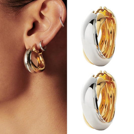 Medley Sculptural Gold and Silver Dual Toned Huggie Hoops