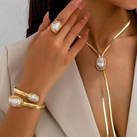 Summer Moon Baroque Pearl Y-Link Pendant Necklace Bracelet and Ring Set